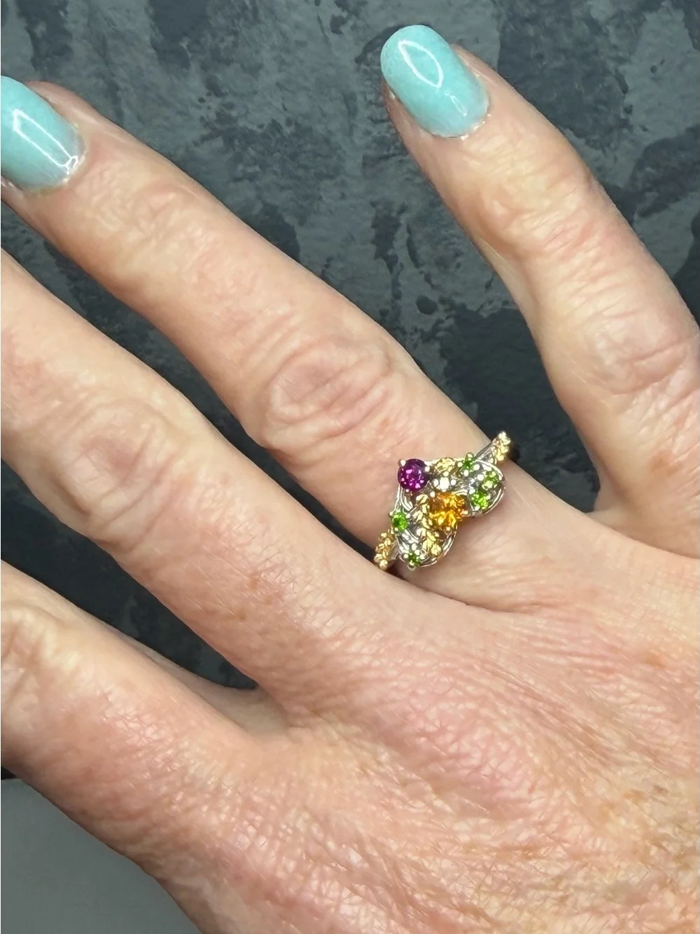 Natural Citrine Chrome Diopside & Garnet Heart Floral Twisted band Ring Sz 6.75